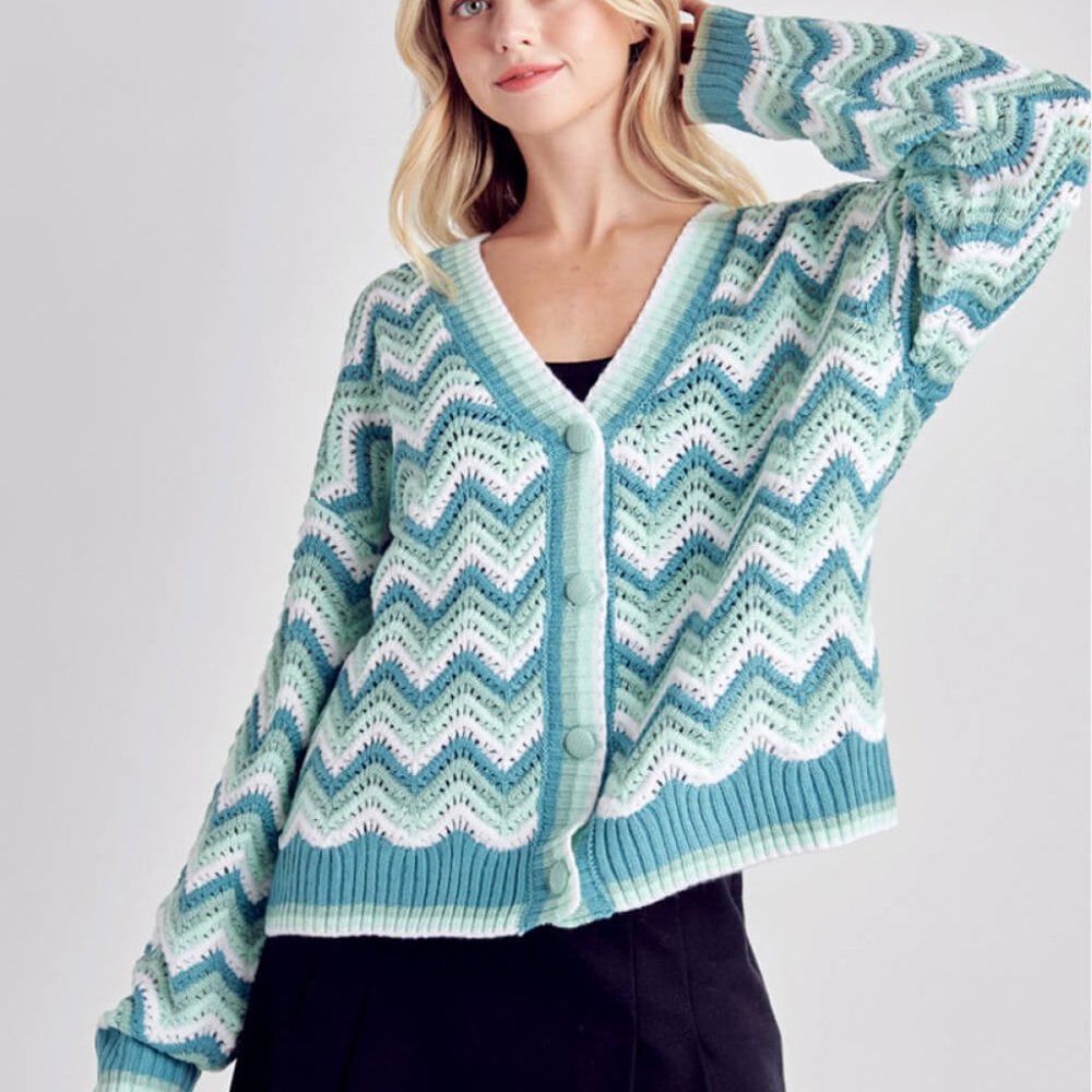 Petal Dew Chevron Openwork Button-Up Cardigan